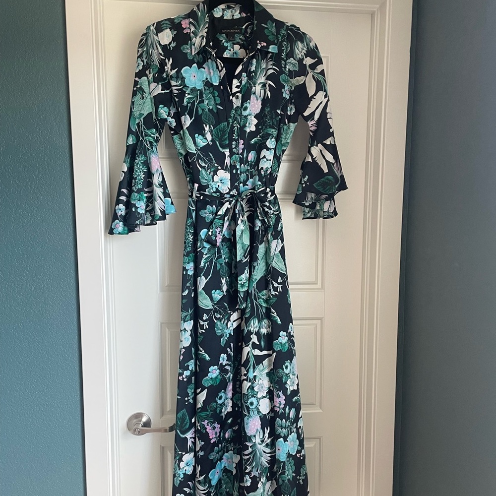 Vintage navy floral silk Banana Republic button up maxi dress